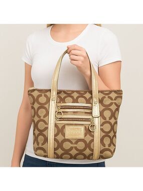 Coach Poppy Tote Gold Khaki Large